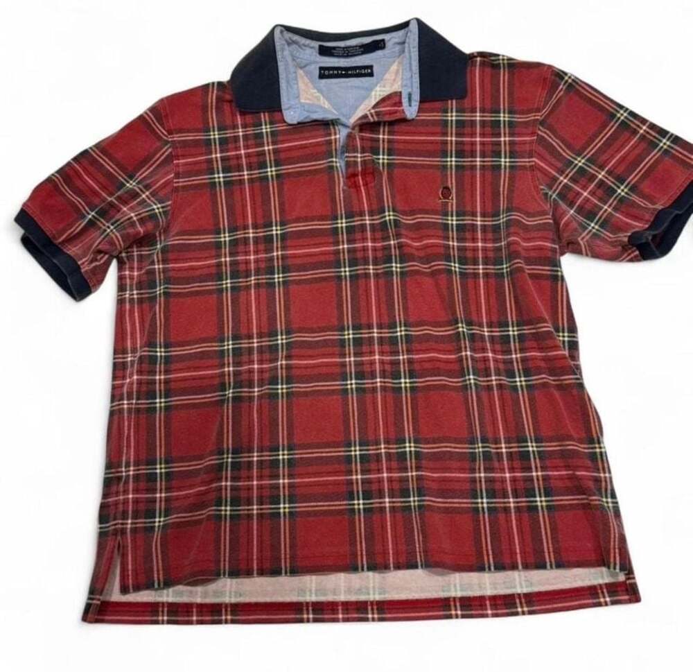 Vintage Tommy Hilfiger Red Tartan Plaid Short Sleeve Polo Shirt